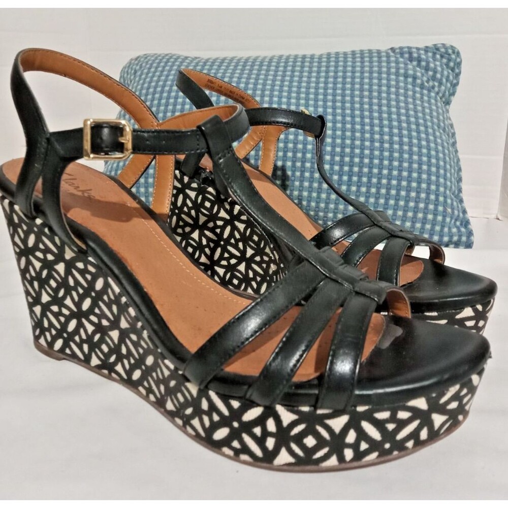 Clarks Amelia Avery Wedge Sandals Women's Size 9.5 Leather Black White
